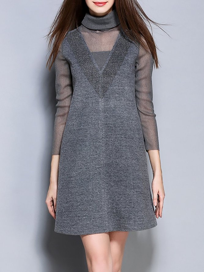 Gray A-line Elegant Paneled Turtleneck Mini Dress
